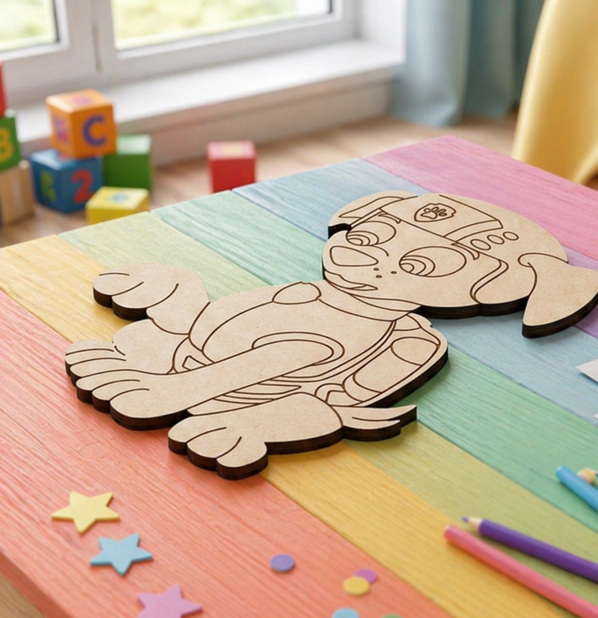 MDF DIY cutout of a dog on a colorful wooden surface with toys and blocks in the background.