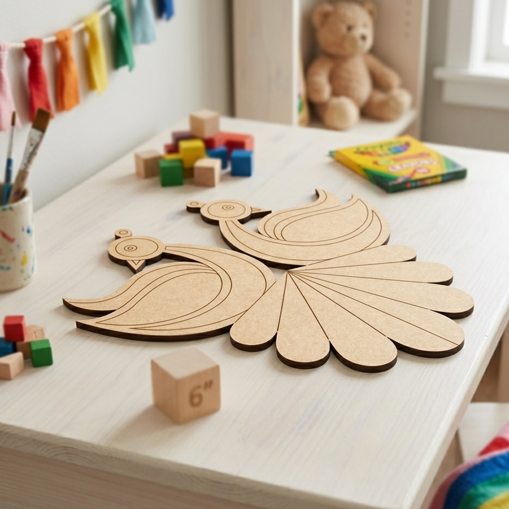 MDF DIY peacock craft on a table with colorful blocks and a teddy bear in the background