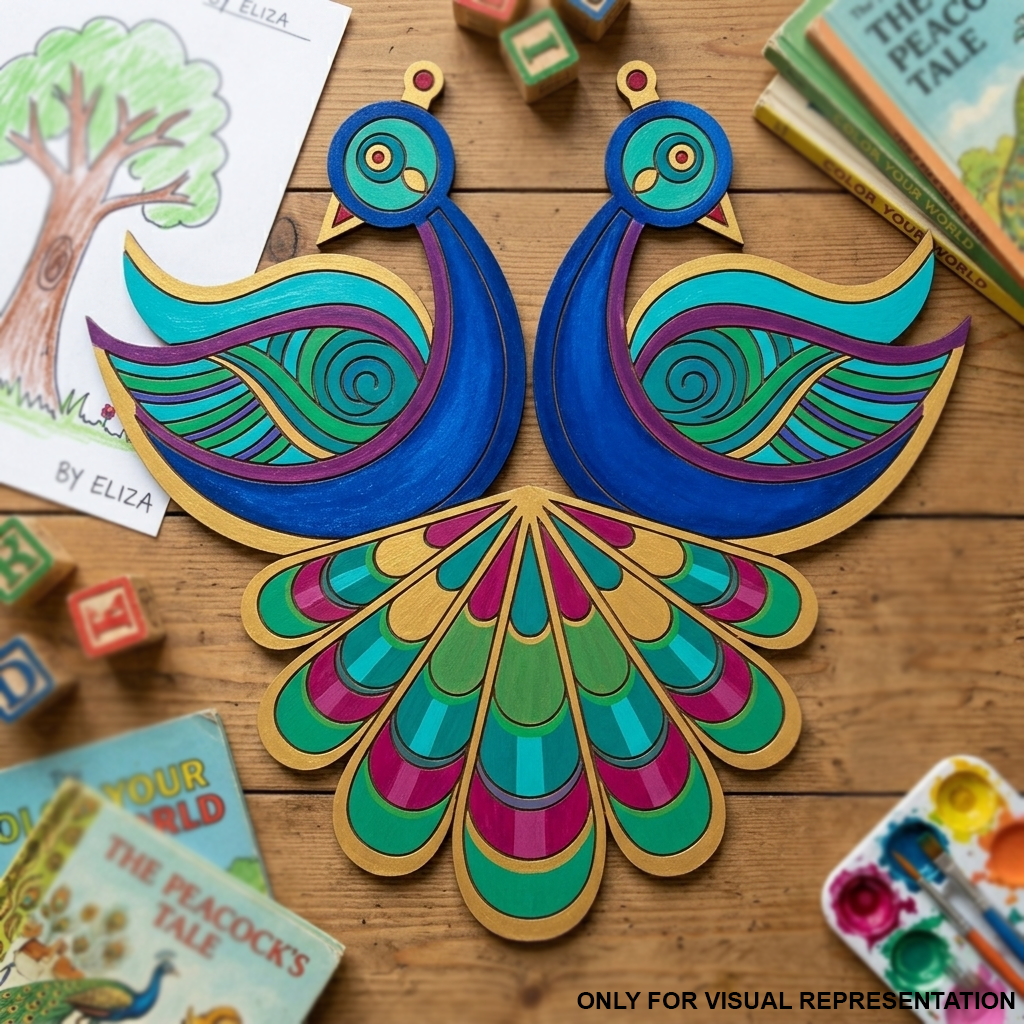 MDF DIY Colorful peacock craft on a wooden surface with books and art supplies.