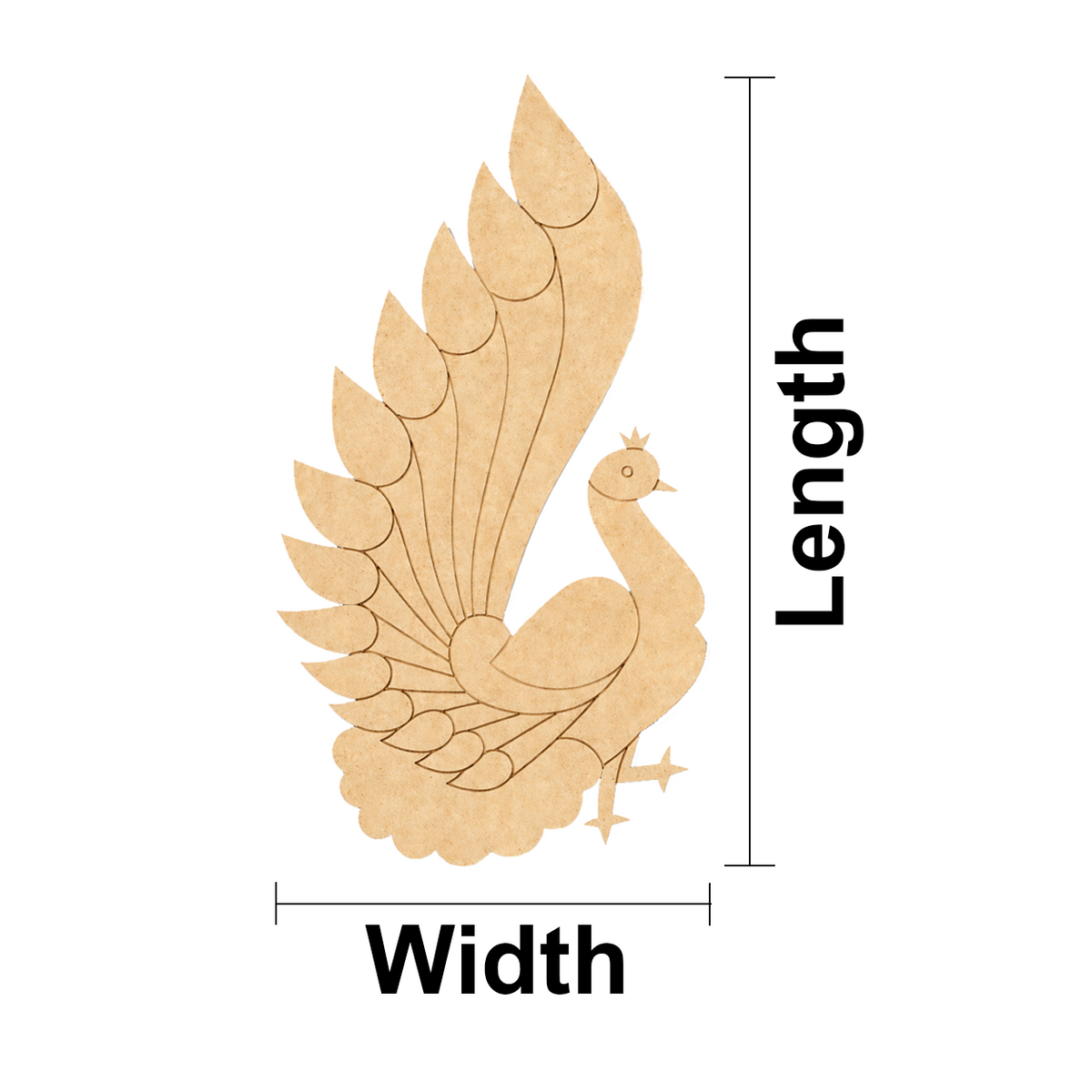 MDF DIY peacock cutout with measurements labeled on a white background