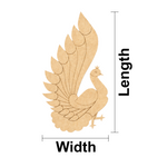 MDF DIY peacock cutout with measurements labeled on a white background