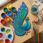 MDF DIY Colorful peacock painting on a wooden surface with art supplies