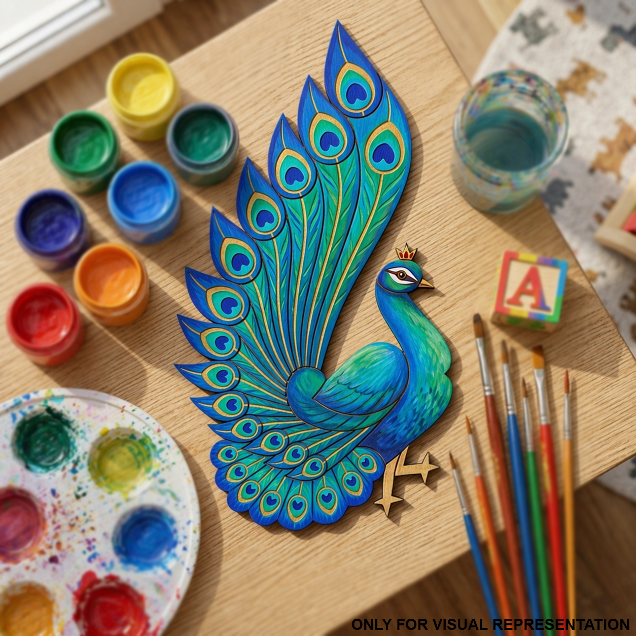 MDF DIY Colorful peacock painting on a wooden surface with art supplies