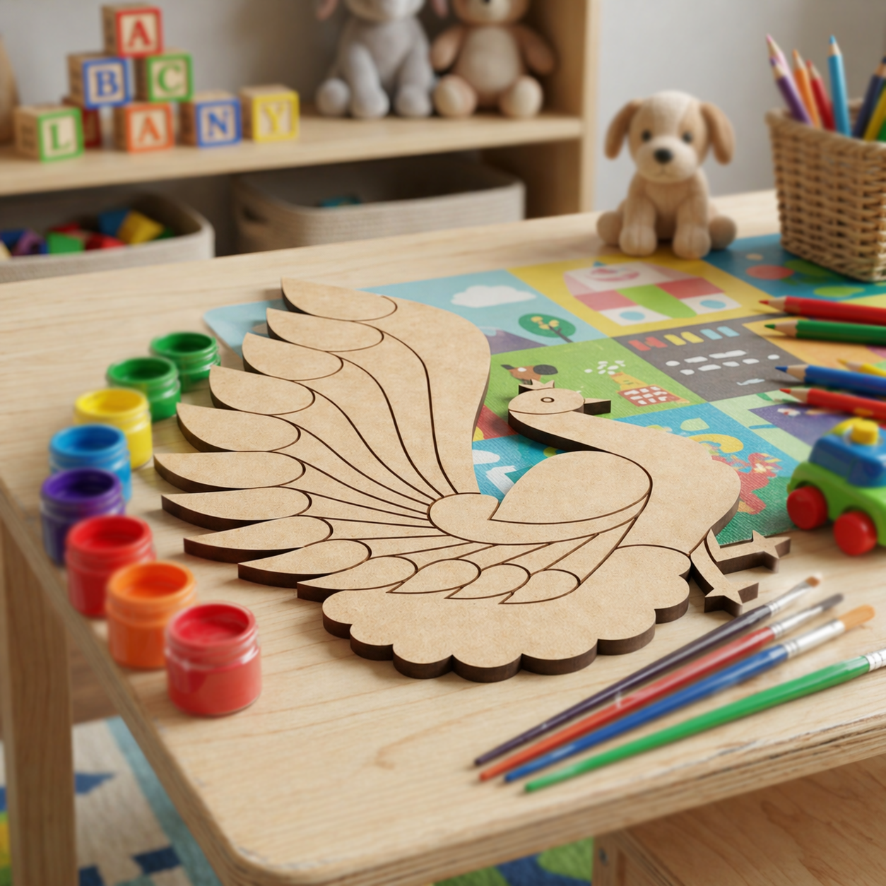 MDF DIY peacock craft on a table with paint cans and brushes, surrounded by toys and blocks.