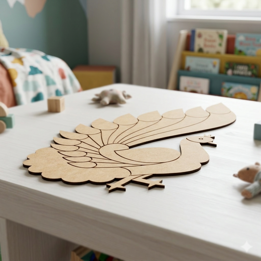 MDF DIY peacock cutout on a table with children's books and toys in the background