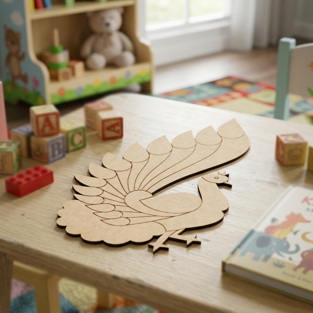 MDF DIY peacock puzzle on a child's table with toys and books in the background