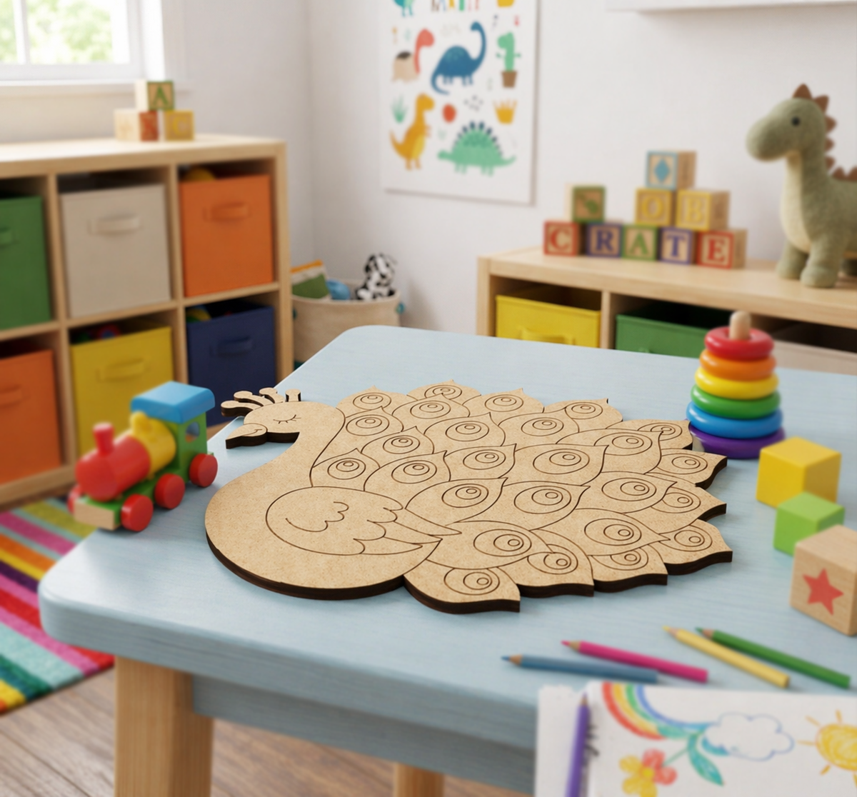 Children's playroom with a table featuring a MDF DIY  peacock cutout, colorful toys, and stationery.