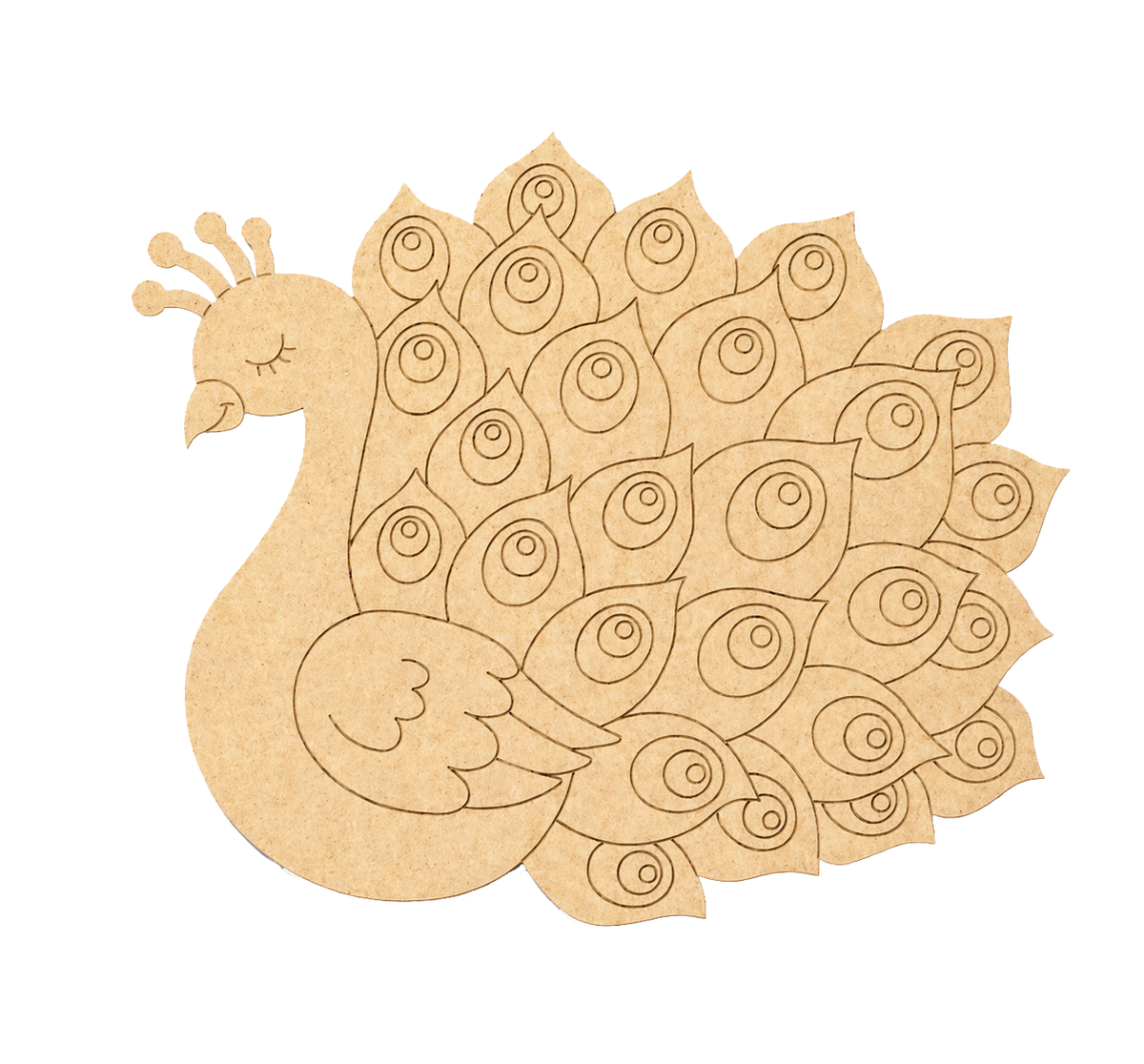 MDF DIY peacock cutout on a white background