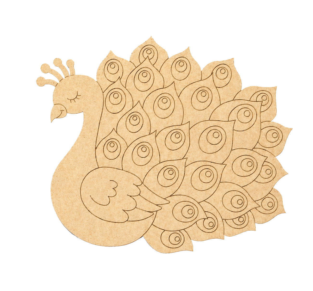 MDF DIY peacock cutout on a white background
