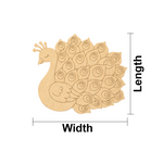 MDF DIY peacock decoration with measurements labeled on a white background