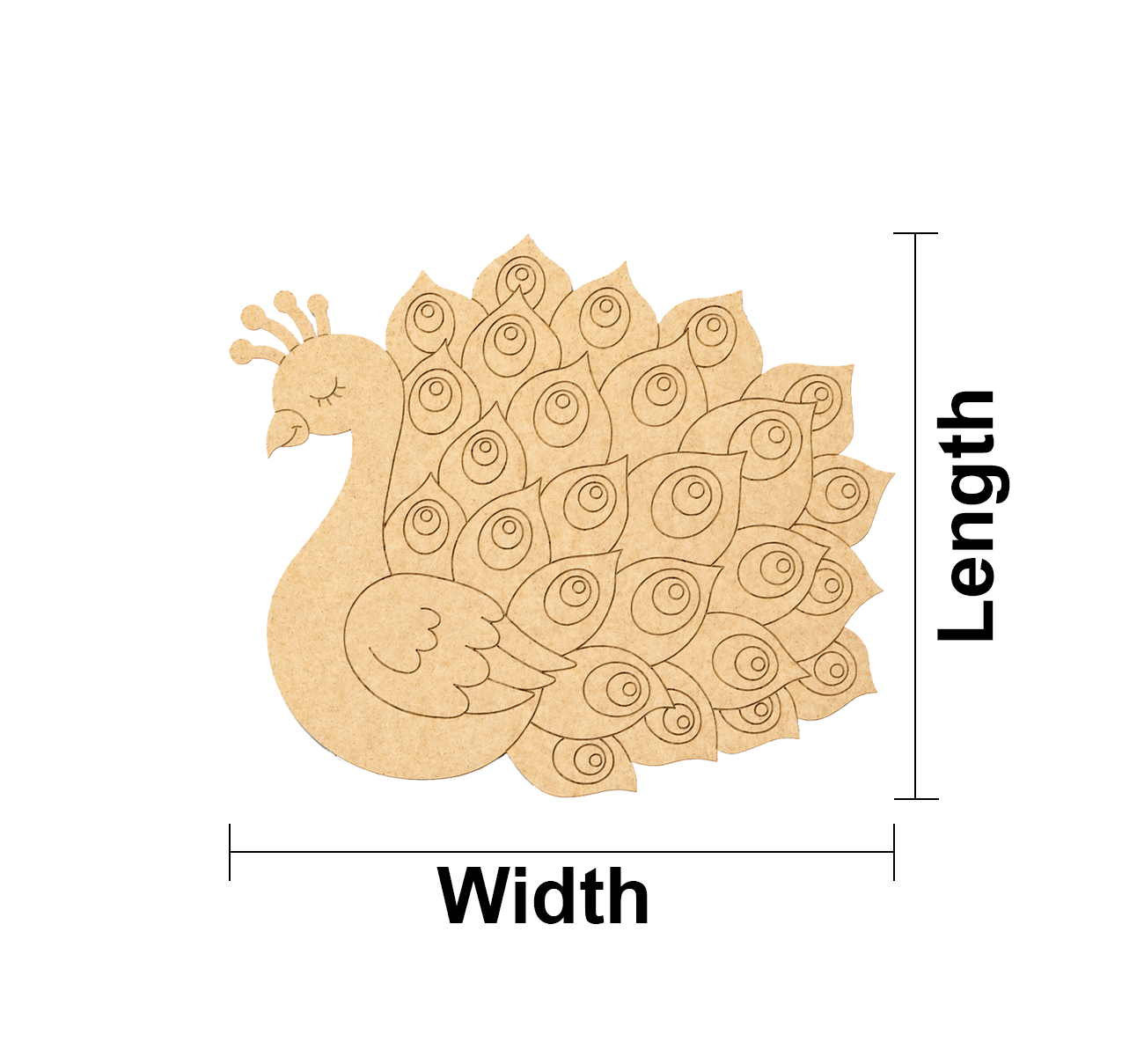 MDF DIY peacock decoration with measurements labeled on a white background