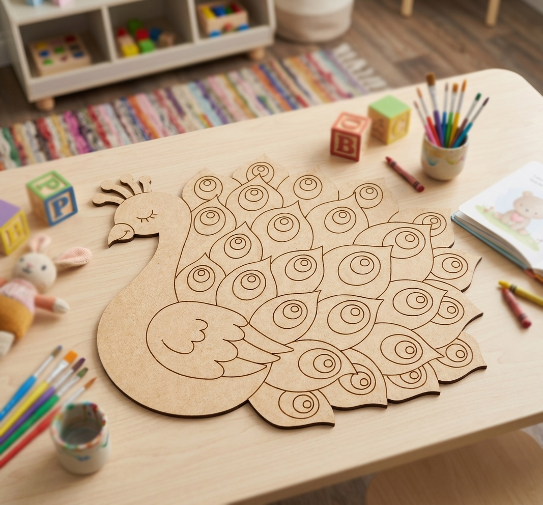 MDF DIY peacock craft on a table with art supplies in a child's room