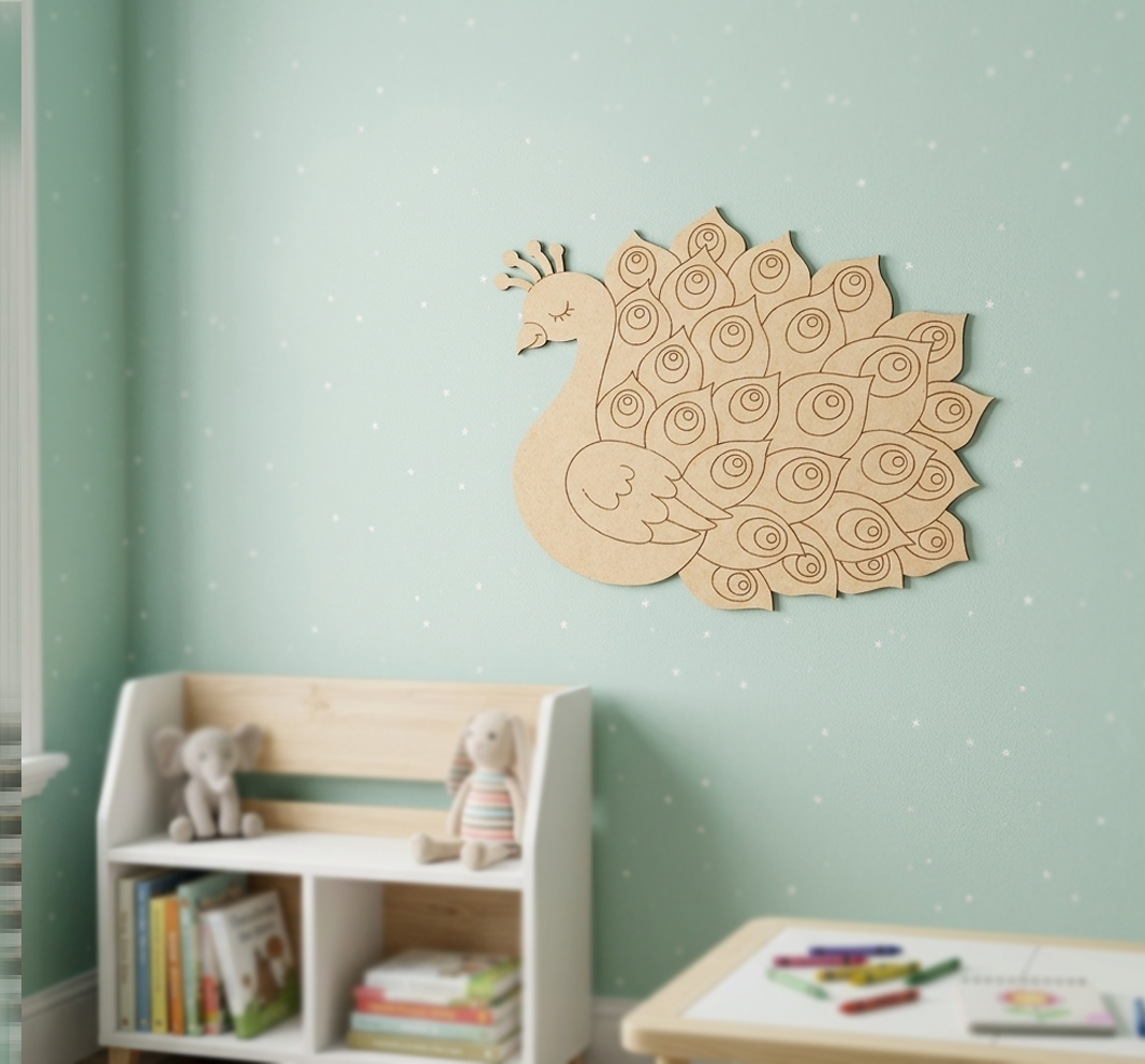 MDF DIY peacock wall decoration on a light green wall with children's items below.