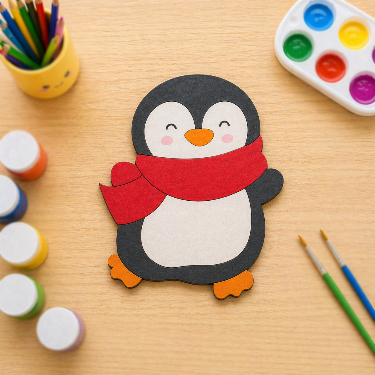 DIY MDF  Cartoon penguin cutout with a red scarf on a wooden table with art supplies.