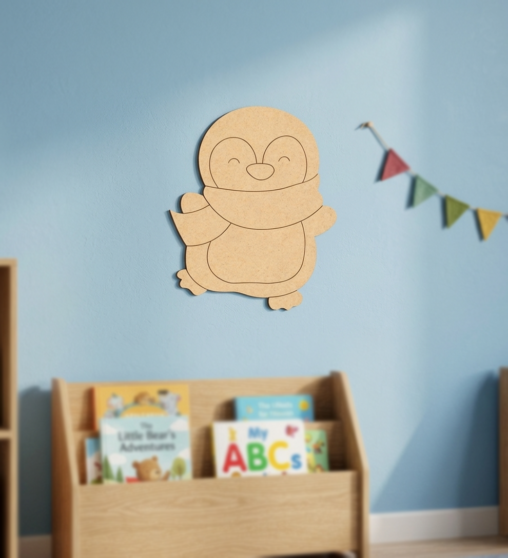 DIY MDF  penguin wall decoration on a blue wall with books below