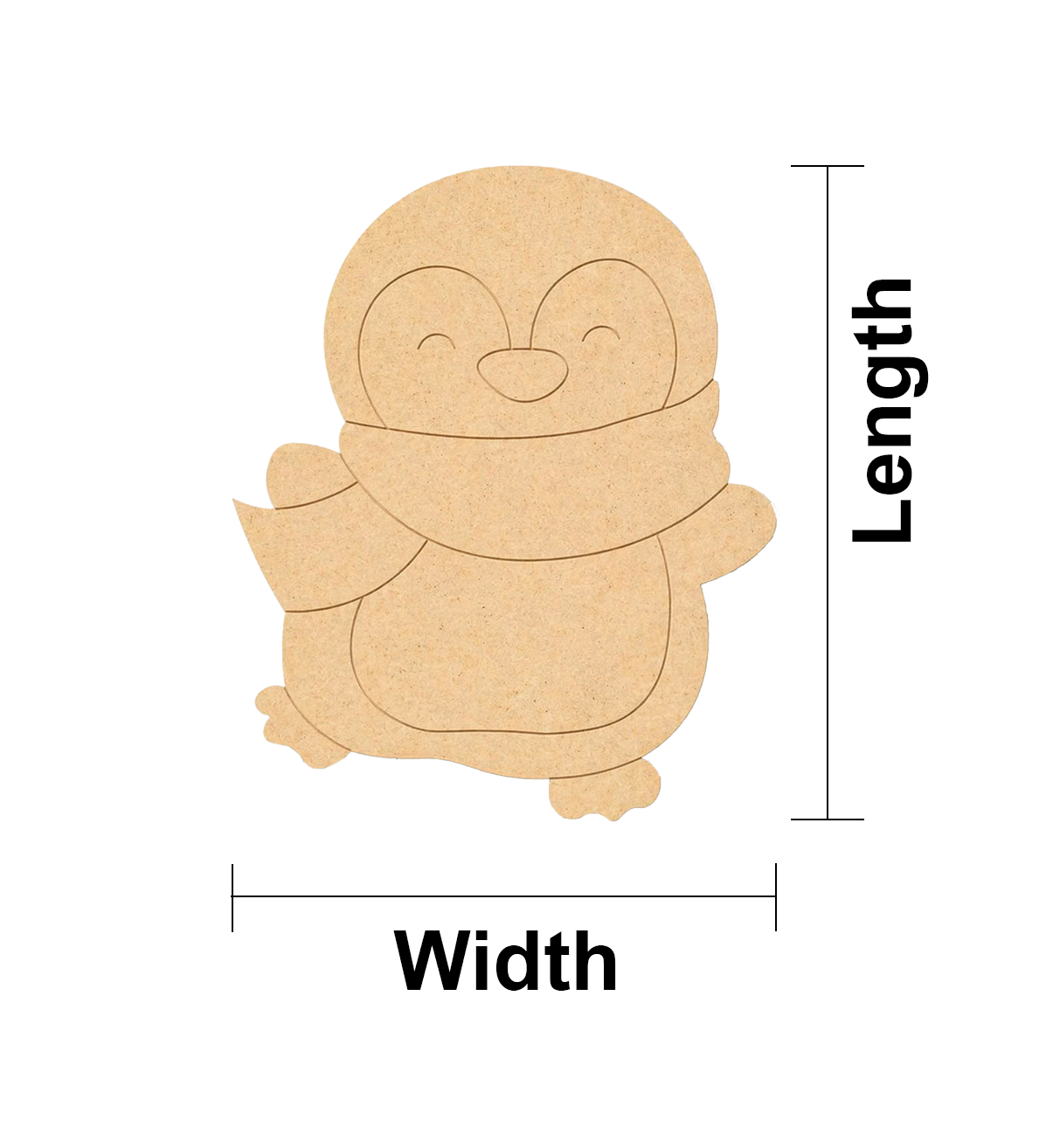 DIY MDF  penguin cutout with measurements labeled on a white background