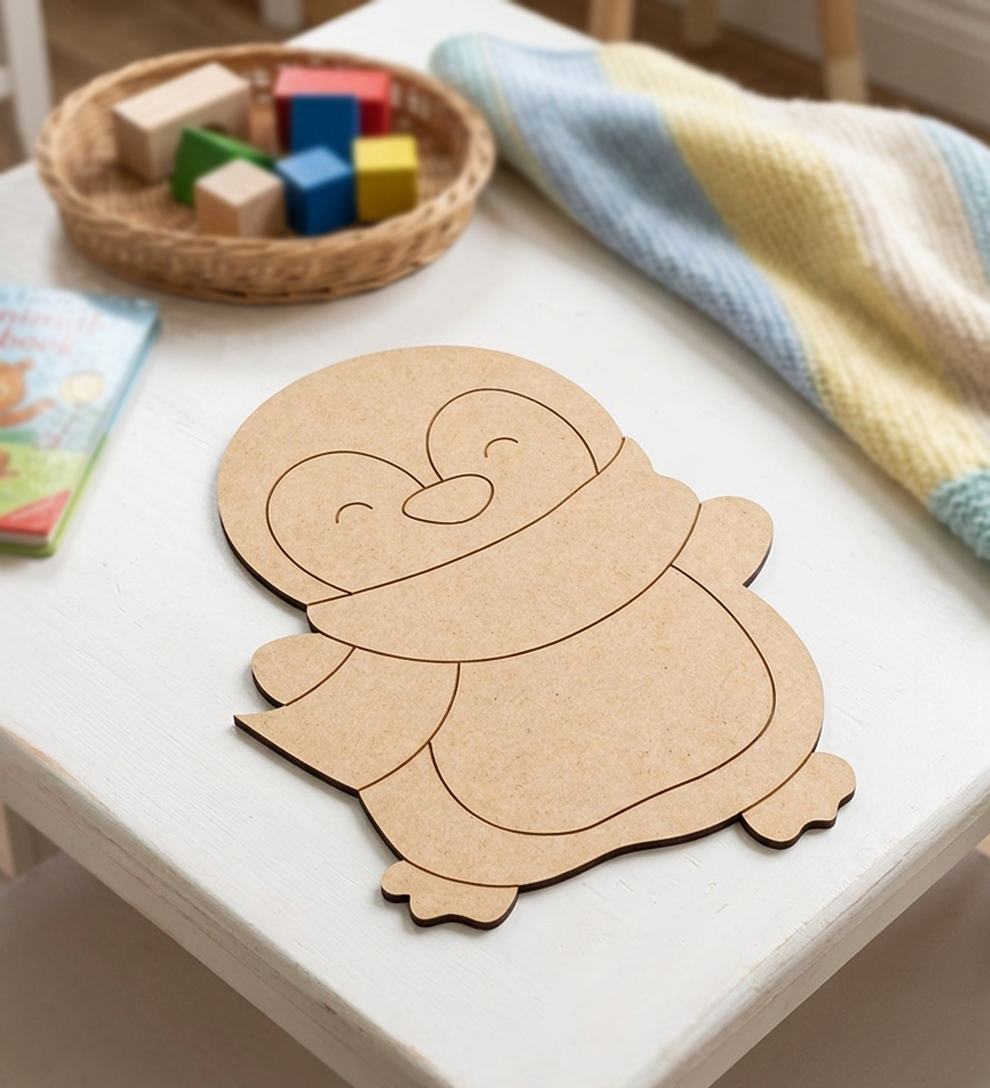 DIY MDF cutout on a white surface with colorful blocks and a book in the background.