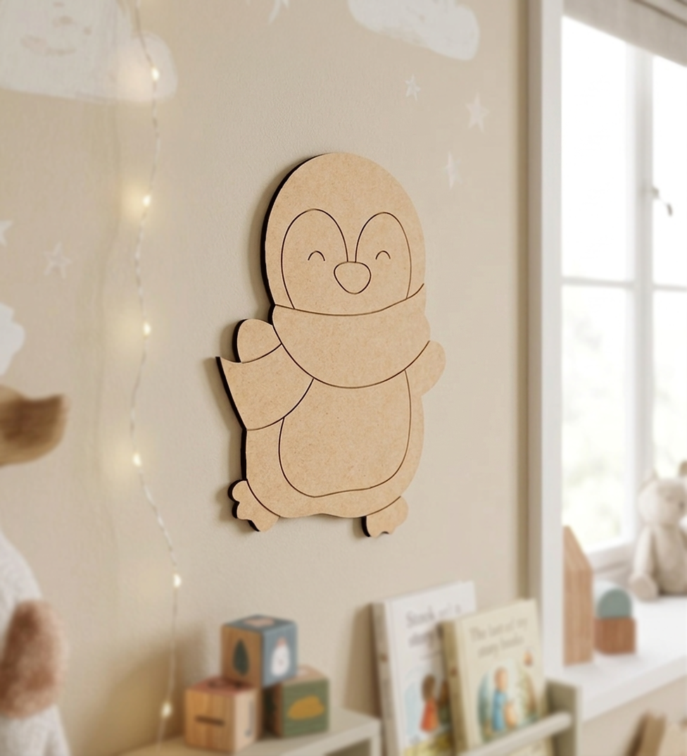 DIY MDF  penguin wall decoration in a child's room with toys and books.
