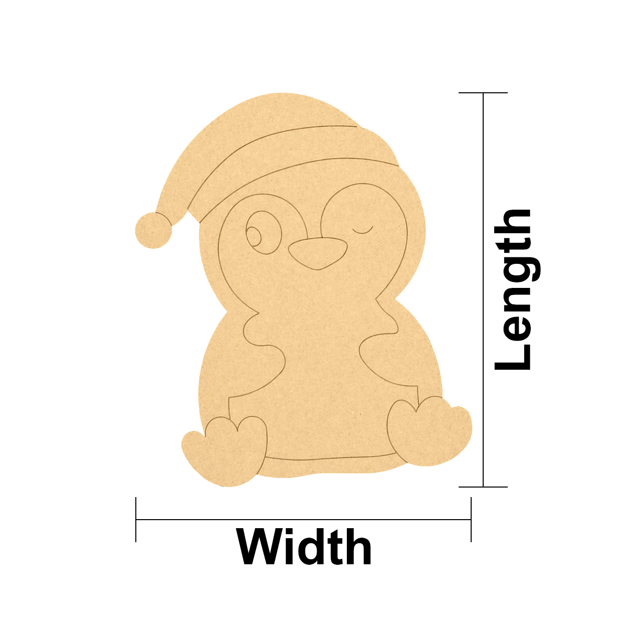 DIY MDF  penguin cutout with measurements labeled on a white background