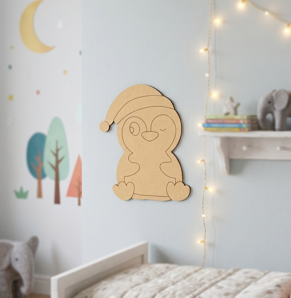 DIY MDF penguin decoration on a wall in a child's bedroom with fairy lights and children's books.