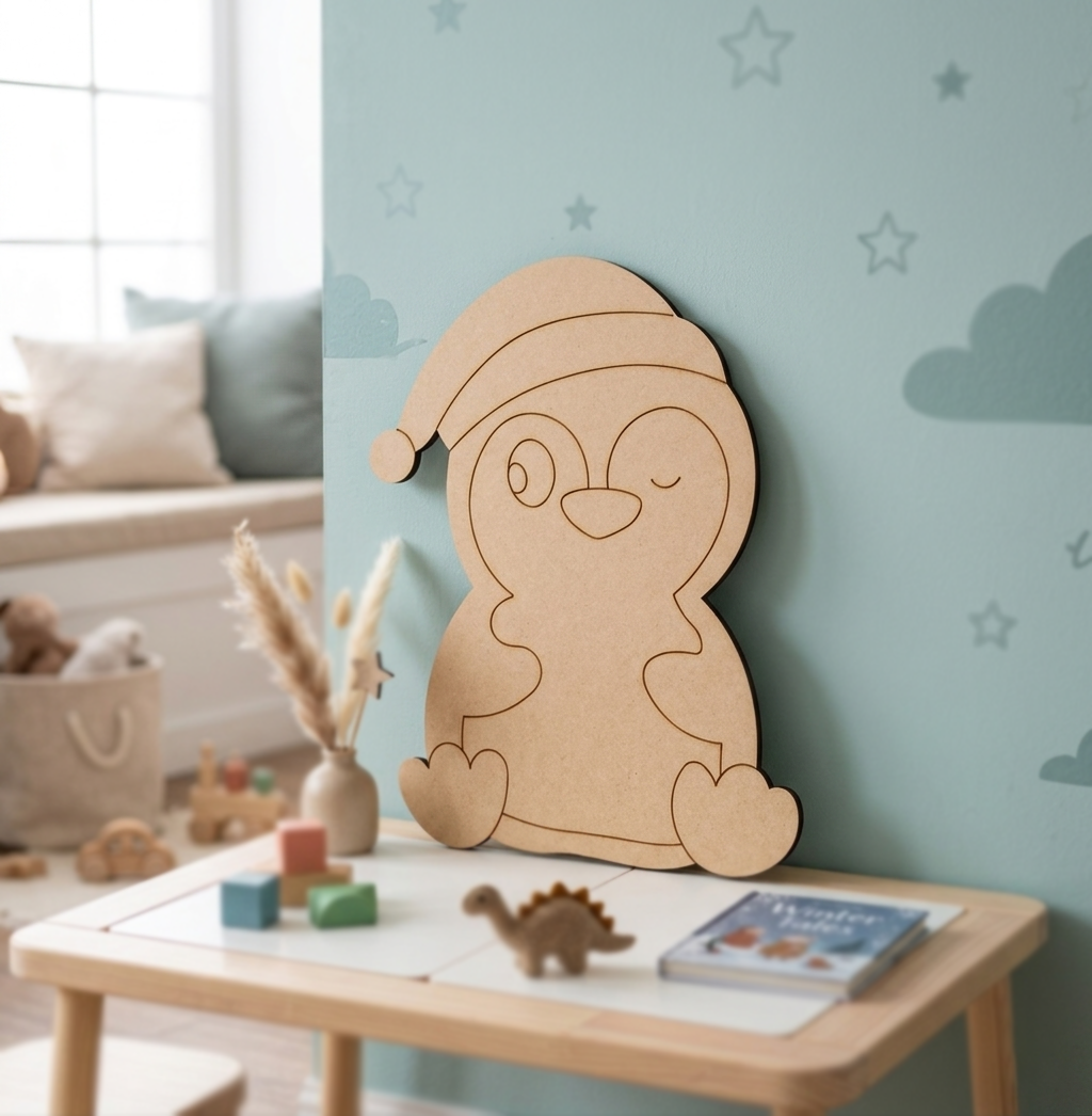 DIY MDF  penguin decoration on a table in a child's room with toys and books.