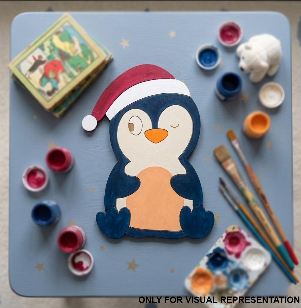 Painted DIY MDF penguin with a Santa hat on a table with art supplies