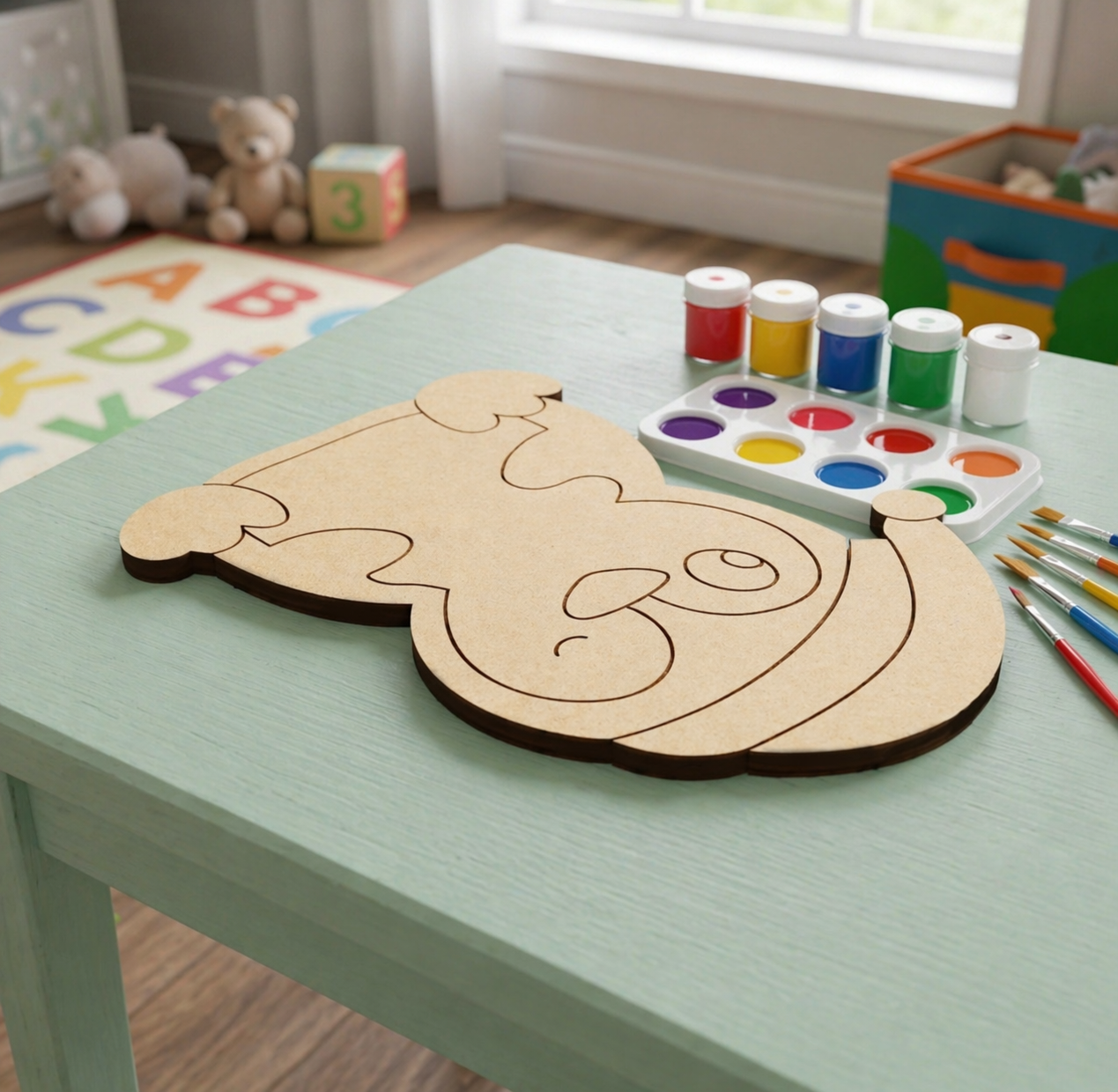 Wooden DIY MDF  cutout penguin of  on a table with art supplies in a child's room.