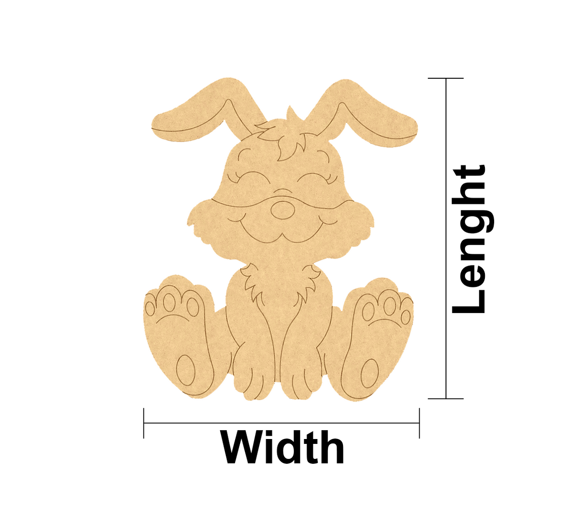 DIY MDF  bunny cutout with measurements labeled on a white background