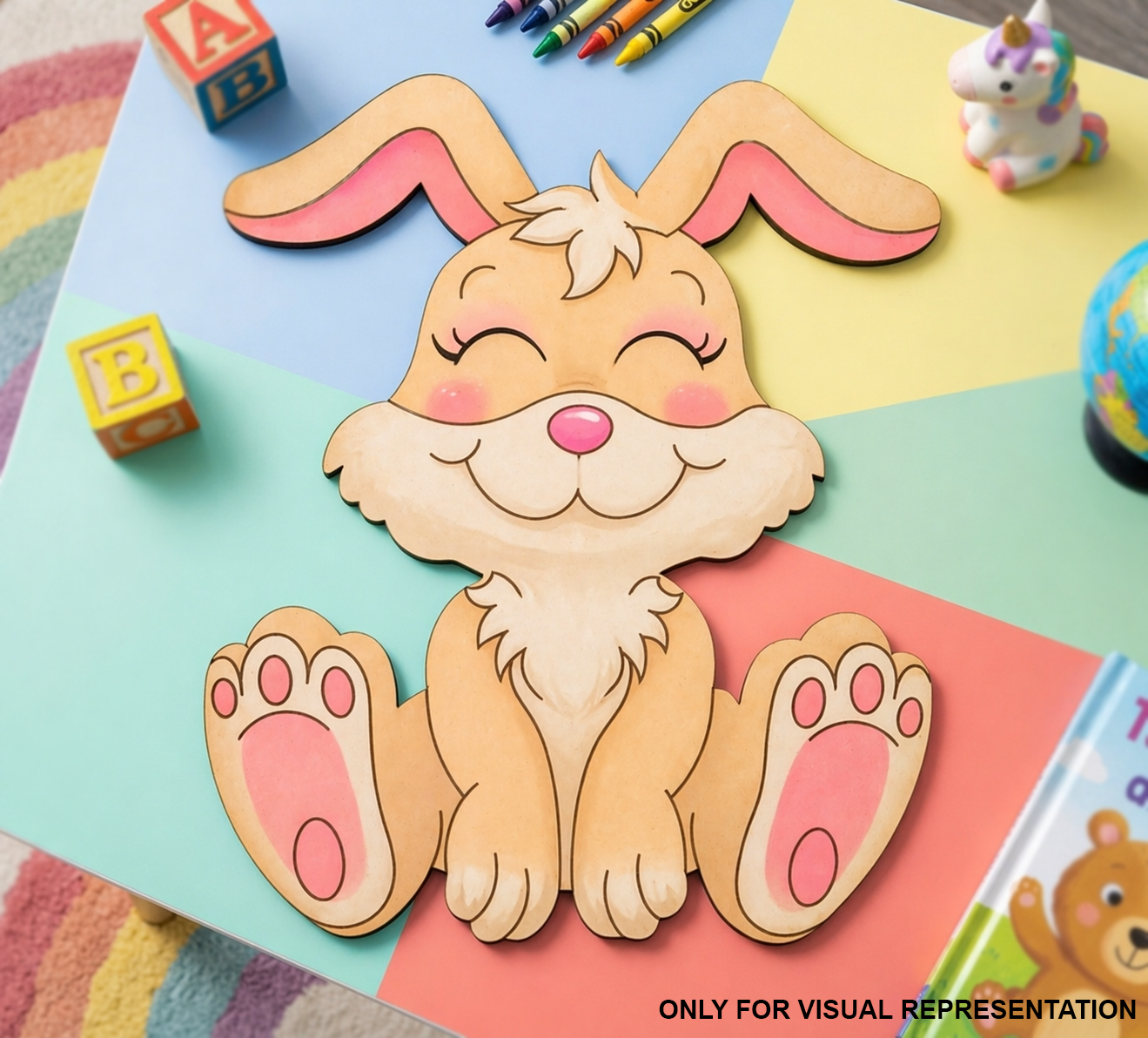 DIY MDF  Cartoon dog cutout on a colorful paper background with crayons and toys.