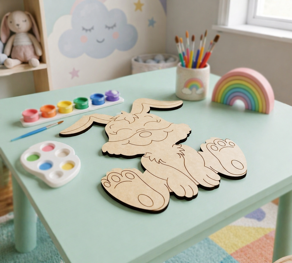 Children's art supplies including DIY MDF  animal shapes, paint, and brushes on a table.