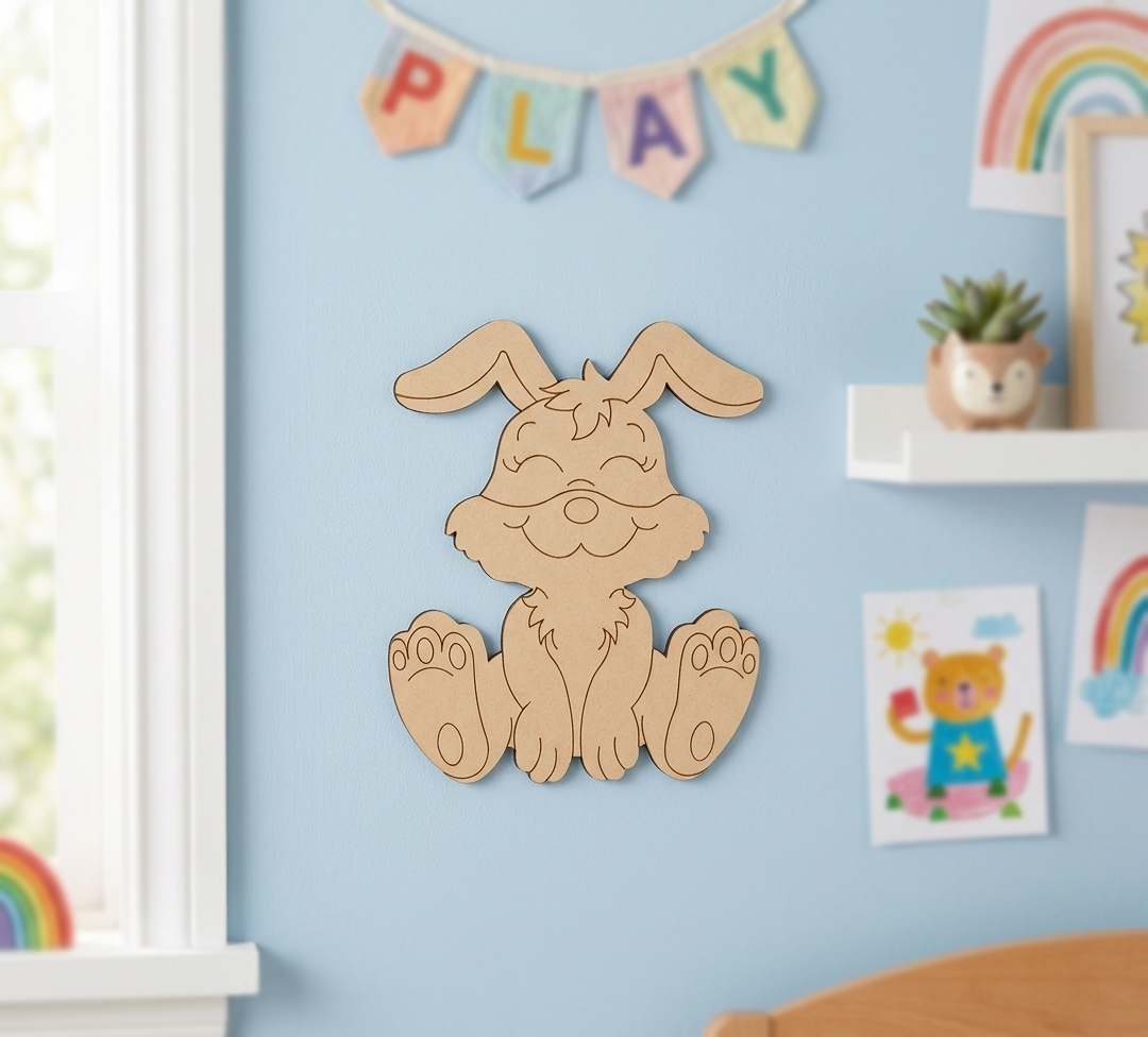 DIY MDF  bunny wall decoration on a blue wall with colorful decorations