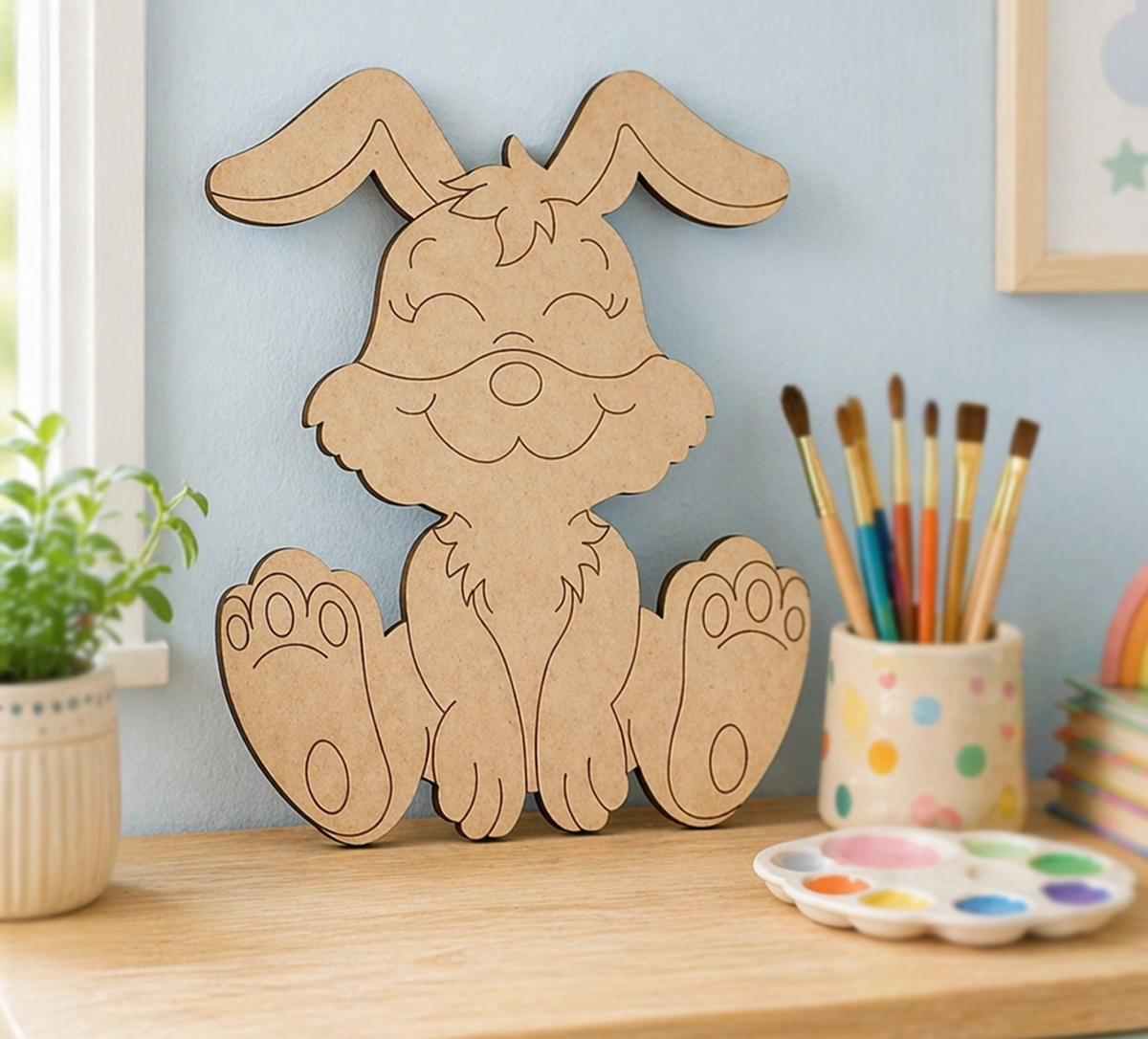 DIY MDF  bunny cutout on a table with art supplies against a light blue wall.