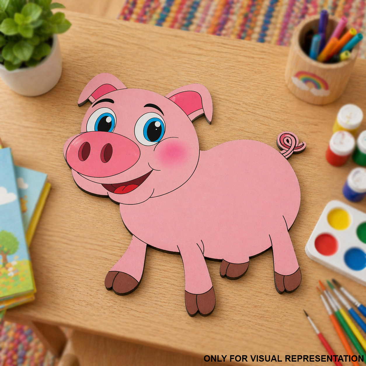 DIY MDF Cartoon pig cutout on a wooden table with art supplies
