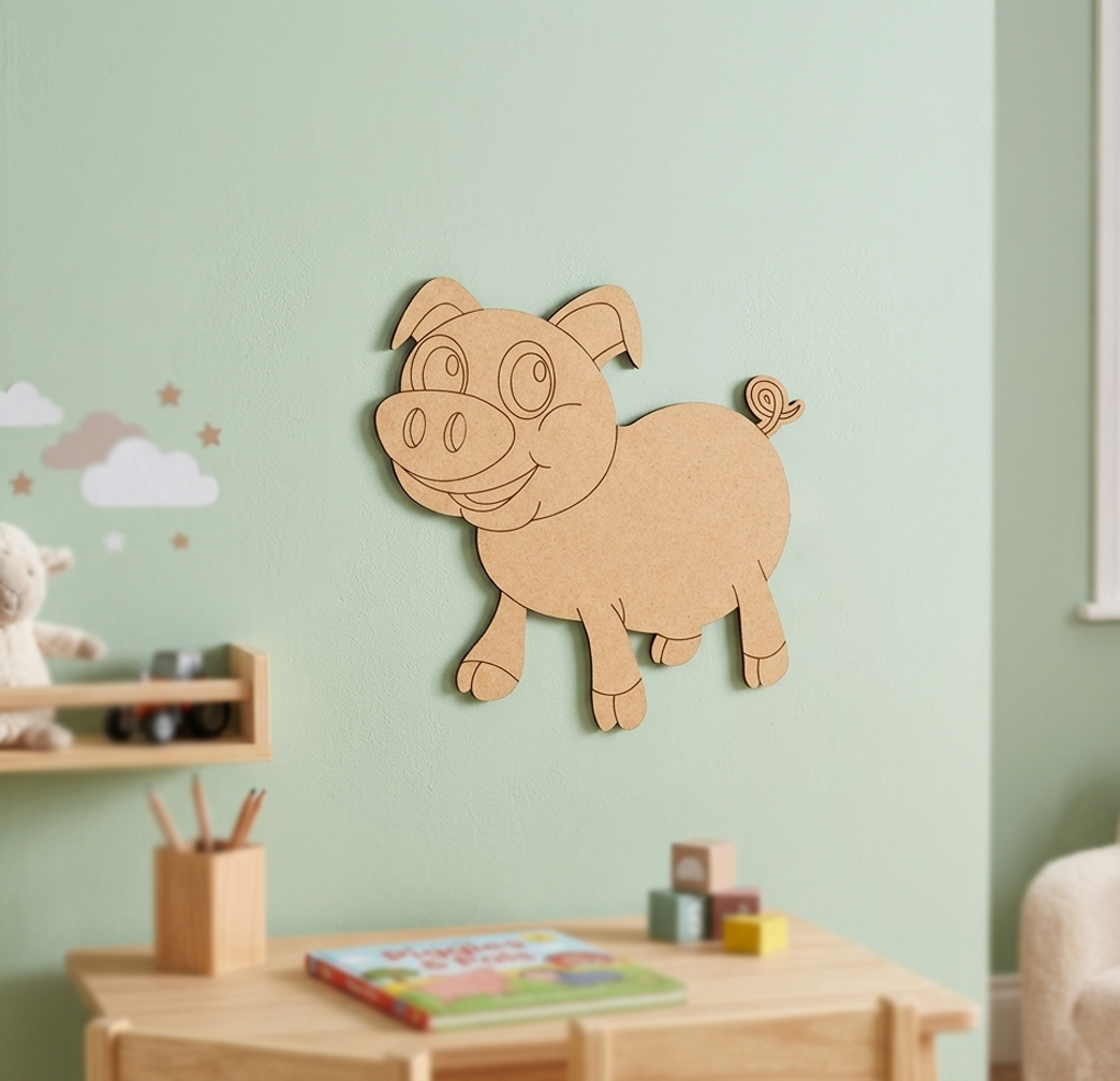 DIY MDF  pig wall decoration in a child's room with toys and a shelf.