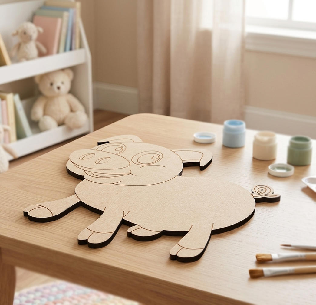 DIY MDF  sheep craft on a table with paint containers and brushes in a child's room.