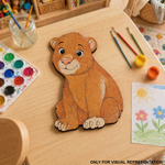 DIY MDF  Cartoon lion cutout on a table with art supplies