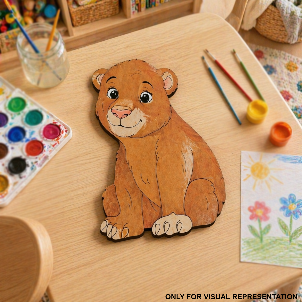 DIY MDF  Cartoon lion cutout on a table with art supplies