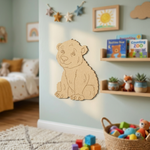 DIY MDF  bear decoration on a wall in a child's room with toys and books.