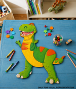 DIY MDF  Colorful dinosaur toy on a blue table with crayons and other items in a child's playroom.