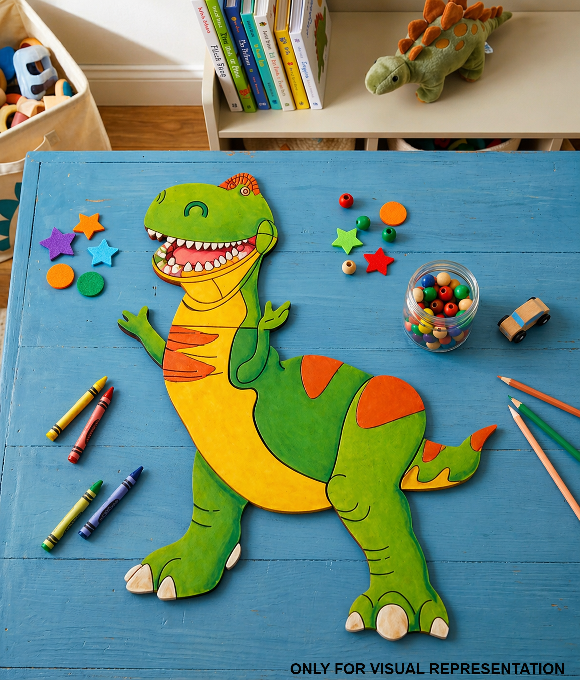 DIY MDF  Colorful dinosaur toy on a blue table with crayons and other items in a child's playroom.