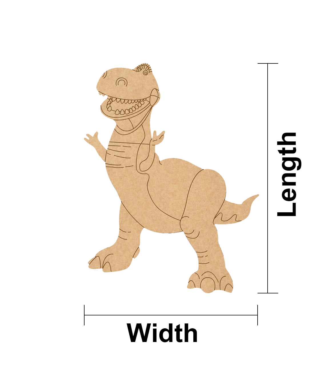 DIY MDF  dinosaur cutout with measurements on a white background