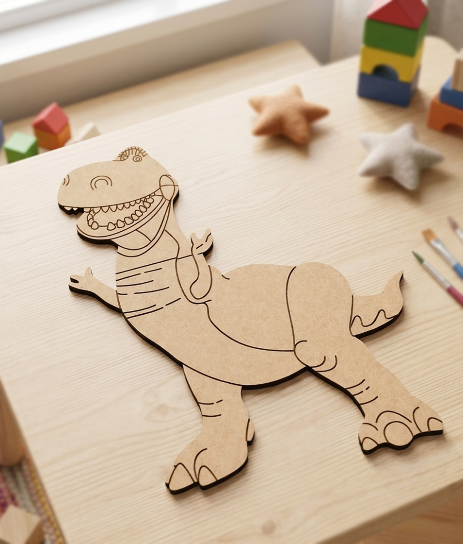 DIY MDF  dinosaur cutout on a table with toys in the background