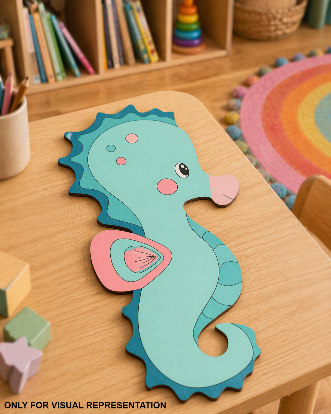 DIY MDF  Cartoon seahorse cutout on a wooden table with books and toys in the background