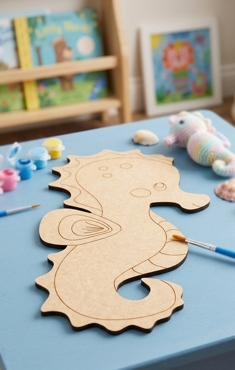 DIY MDF seahorse cutout on a blue table with art supplies and books in the background