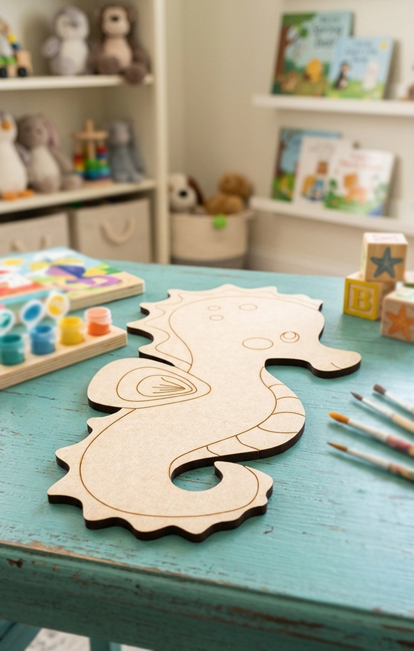 DIY MDF  seahorse cutout on a table with art supplies in a child's playroom.
