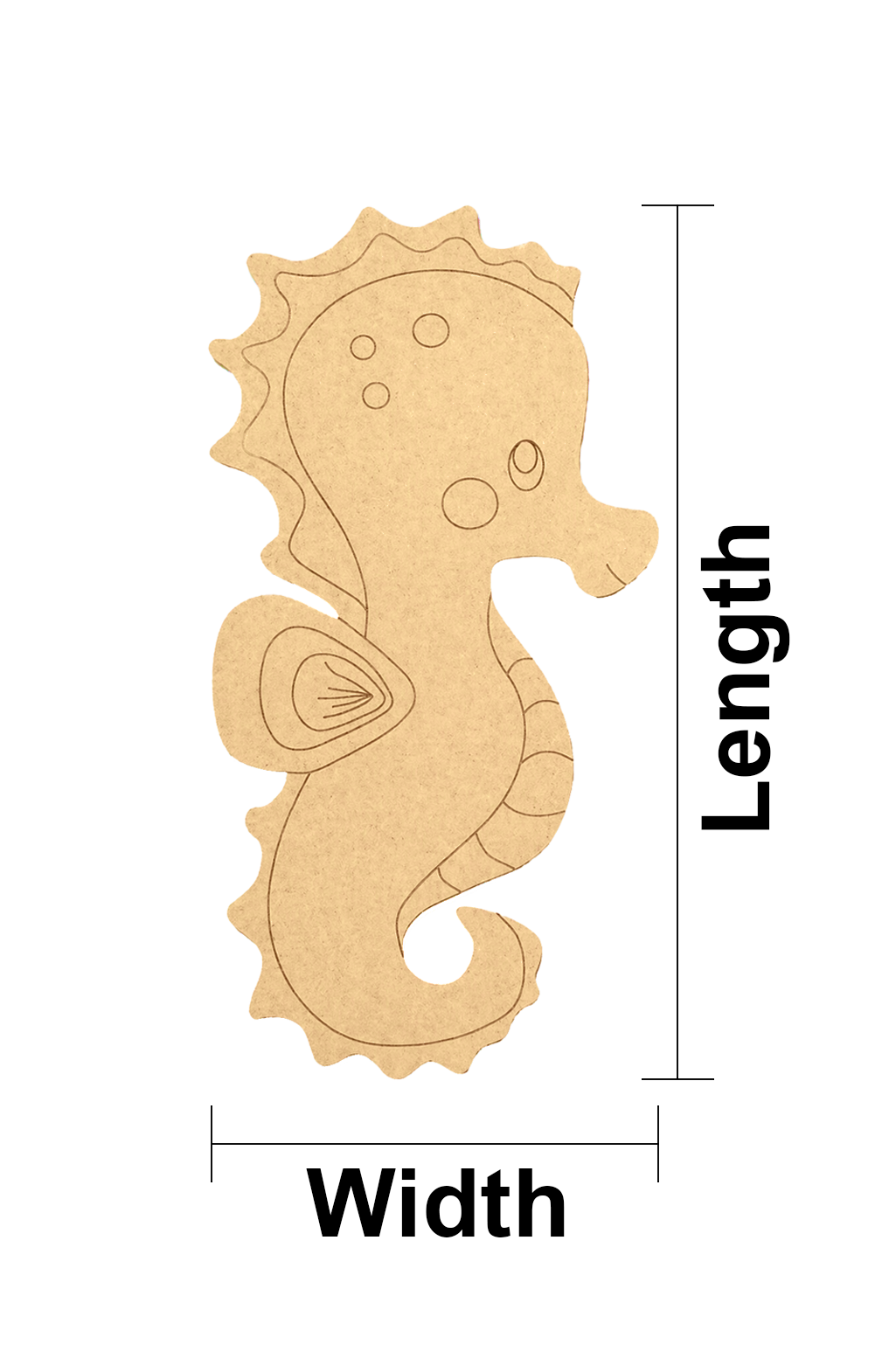 DIY MDF  seahorse shape with measurements on a white background