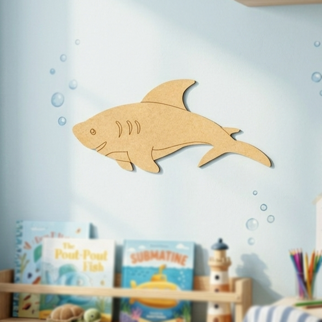 DIY MDF  shark cutout on a wall with children's books and toys below