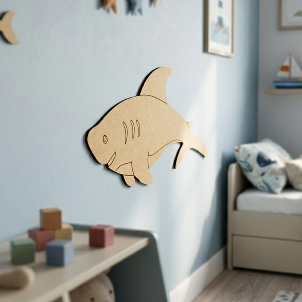 DIY MDF  fish wall decoration in a child's room with toys and furniture.