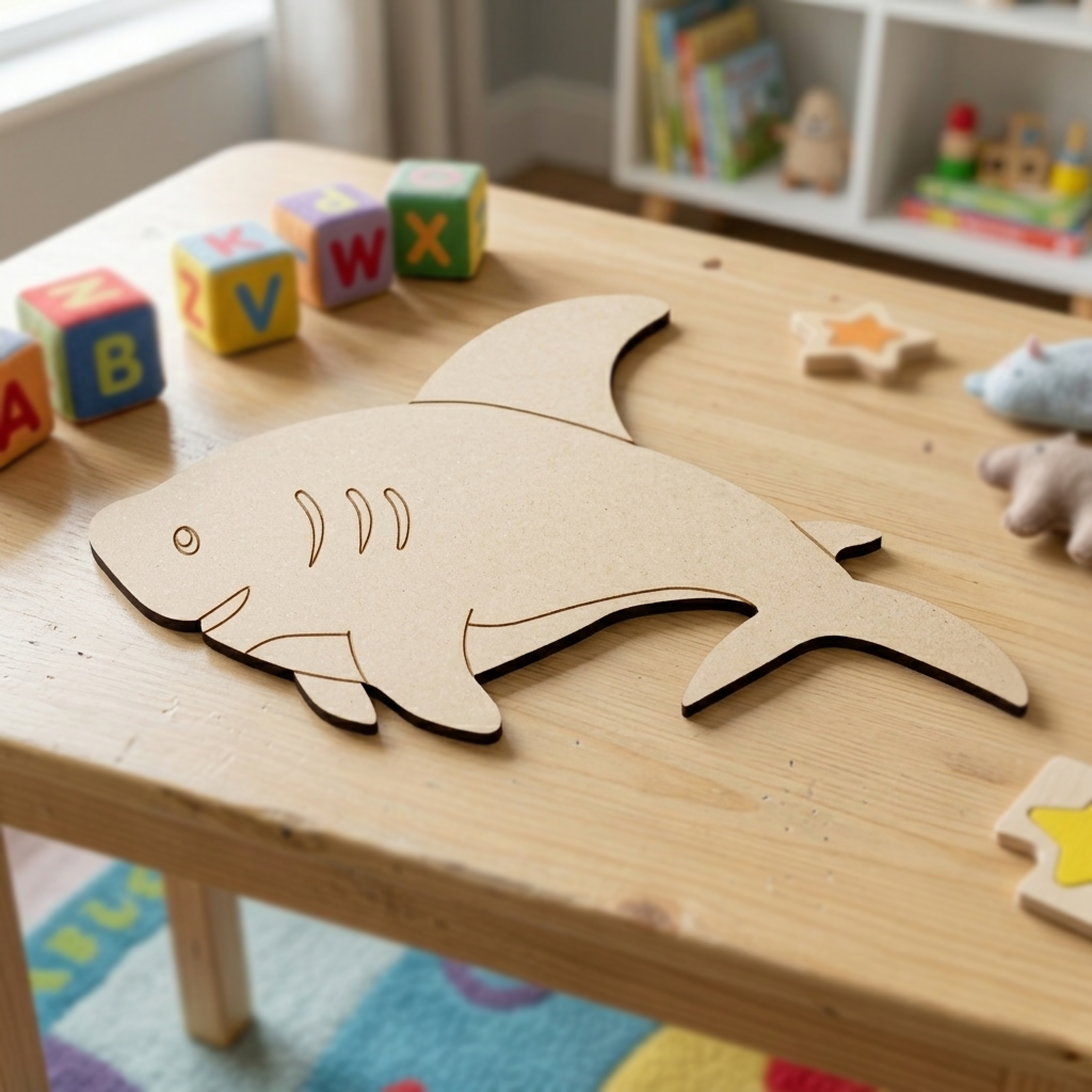 DIY MDF  shark cutout  on a children's play table with colorful blocks and toys in the background.