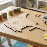 DIY MDF  shark cutout  on a children's play table with colorful blocks and toys in the background.